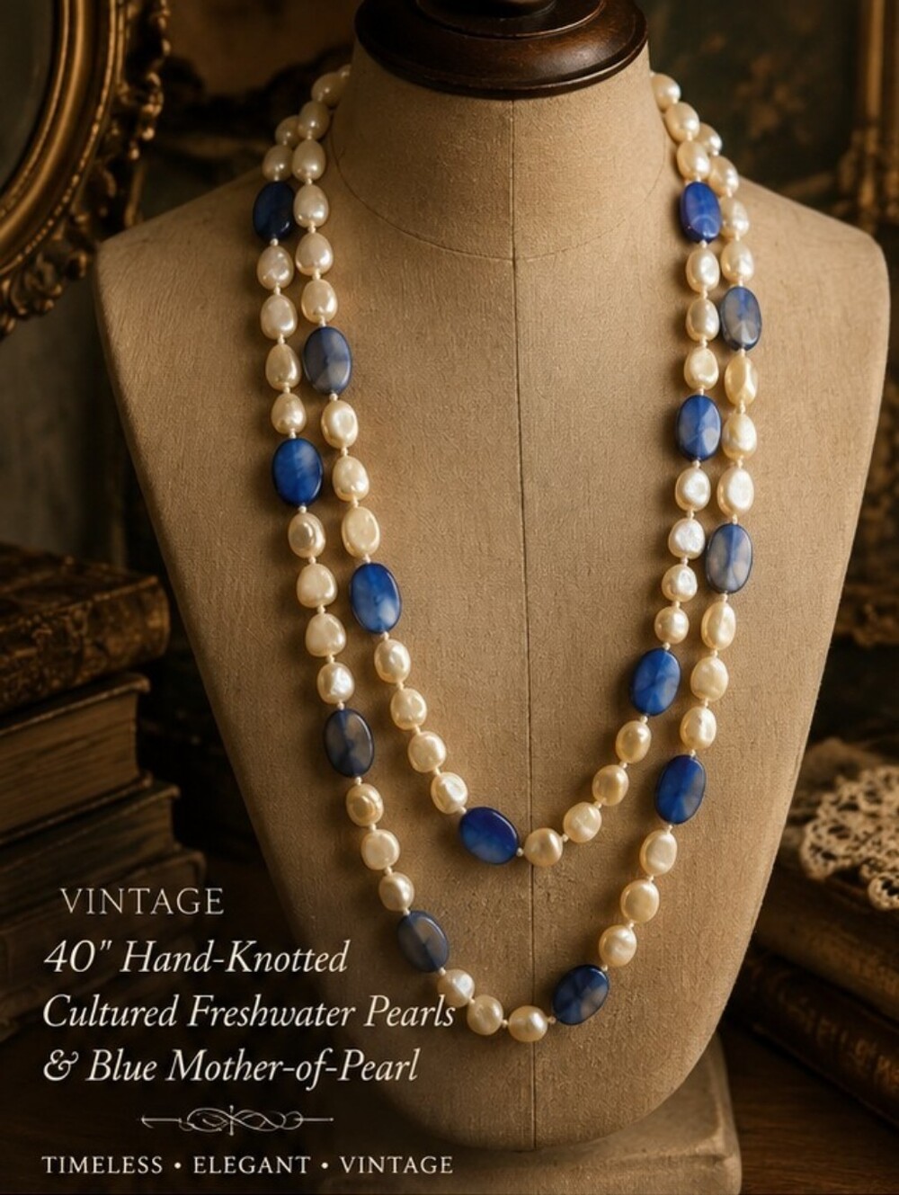 Vintage 40" Baroque Freshwater Pearl Blue Mother of Pearl Necklace